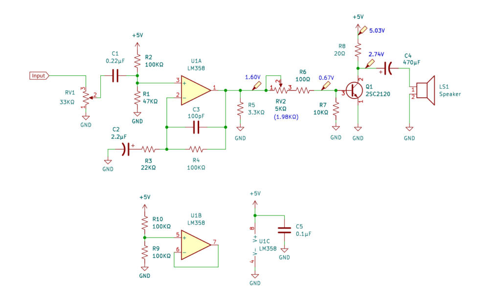 エミッタ接地回路によるスピーカー駆動回路図