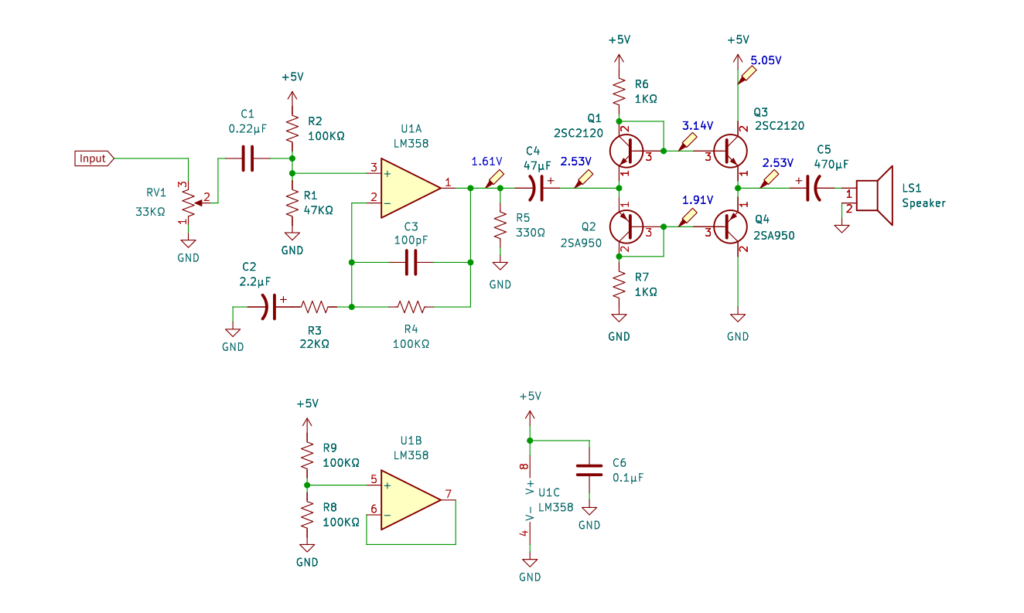 プッシュプル増幅回路によるスピーカー駆動回路図